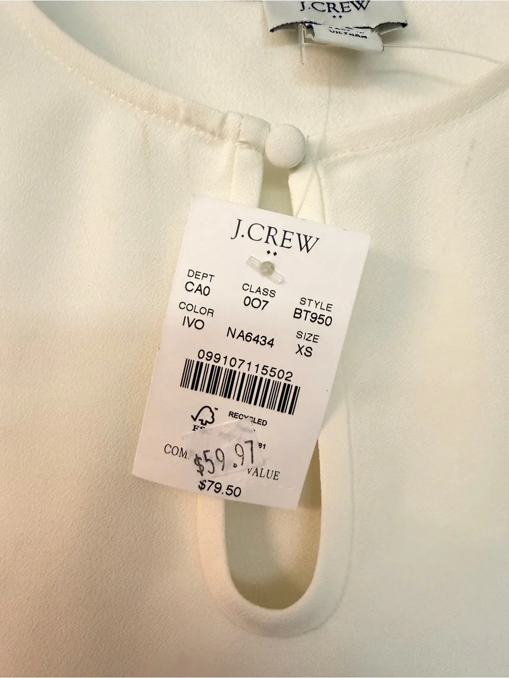J. Crew Ivory Long-Sleeve Keyhole Blouse